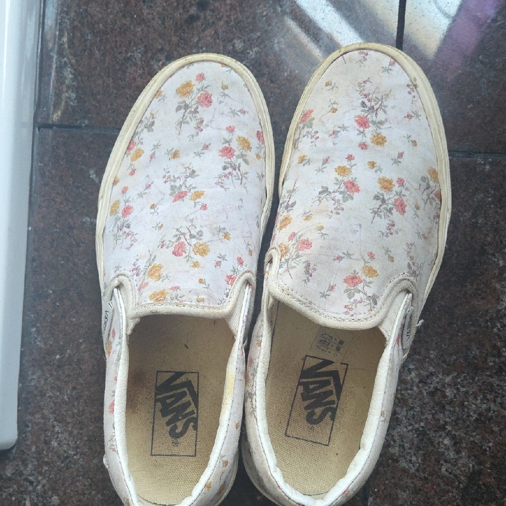 Vans Cream and Yellow Slip-On Sneakers with Floral Print